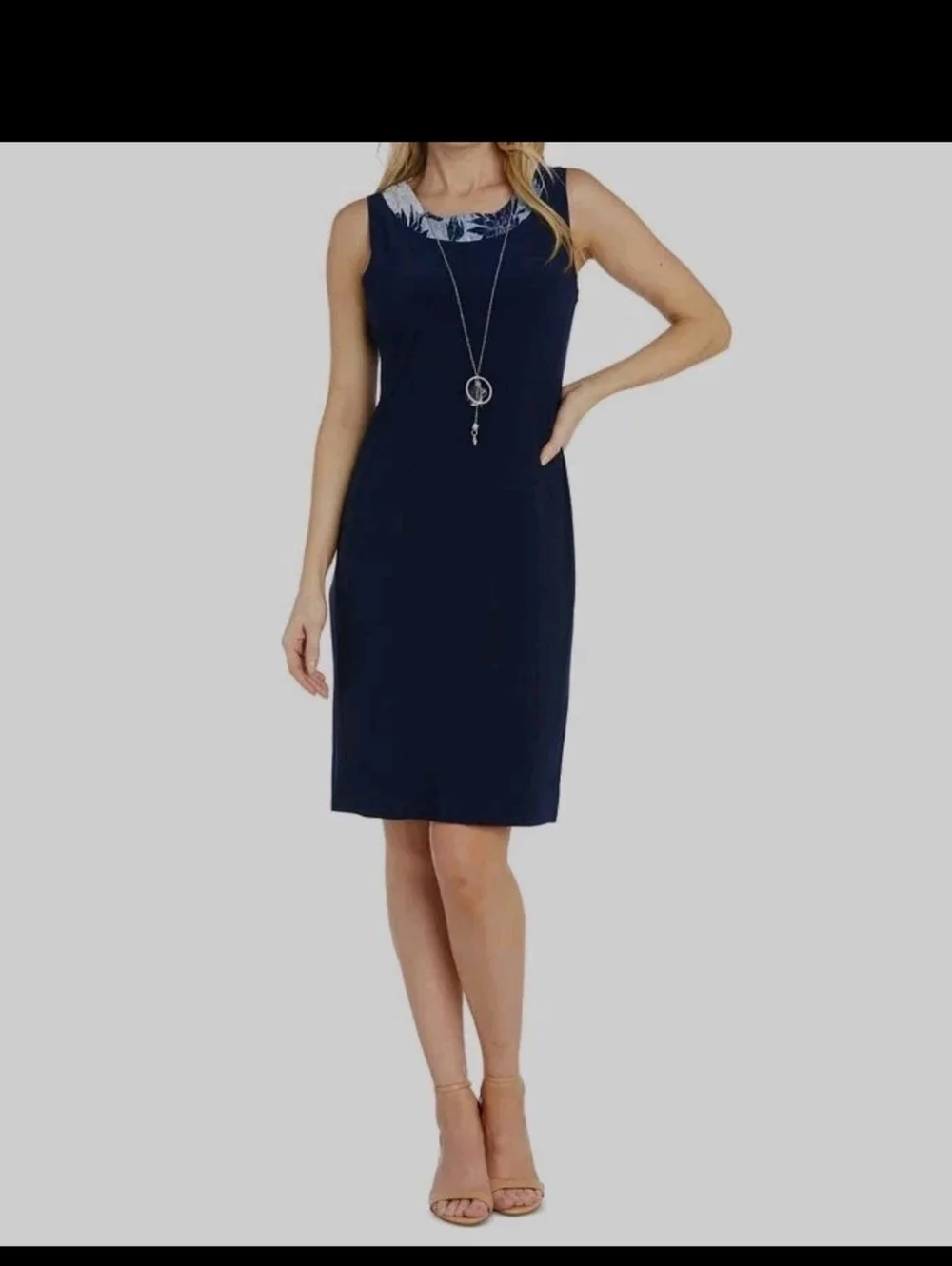 R&M Richards 2PC Dress Set Size 10 Navy Blue Floral Jacket Overlay Necklace NWT - Picture 2 of 10